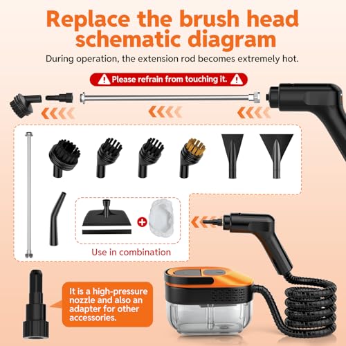 Image of Steam Cleaner for Home & Car, 15s Fast Heat Handheld Steamer for Cleaning, 1.6L Large Tank, 3-Level Steam Control with 16-Piece Accessories Kit for Floors, Couches, Tiles, Grout, Dirt, and Grease