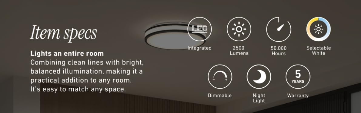 artika Hemisphere LED Flush Mount Ceiling Light, 14.94 x 14.94 x 3.07 Inches, Dimmable, 2500 Lumens, 5 Selectable Light Colors.