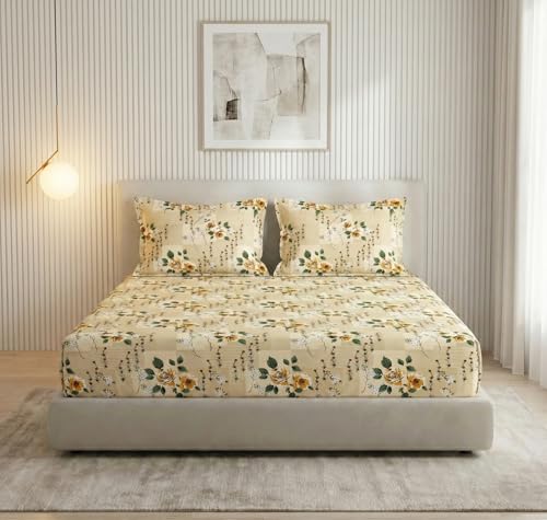Image of VAS COLLECTIONS 300 TC Premium Cotton Fitted Bedsheet Set Double Bed 78x72+10 Inch | Soft Breathable Sheet with 2 Pillow Covers | Luxury Printed Bedding | Elegant Durable Bed Linen (Warm Beige)