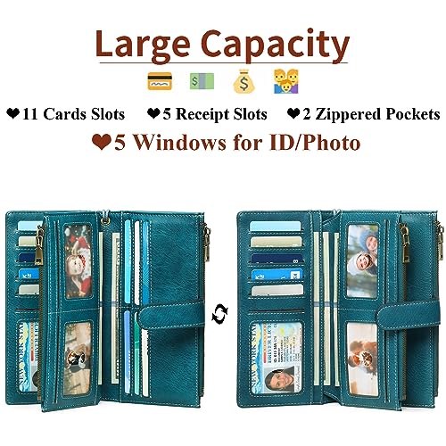 Image of GOIACII Large Wallet for Women Leather Wristlet Teal | RFID Blocking, Multi-card Slots, Detachable Wrist Strap, Trifold Clutch Purse