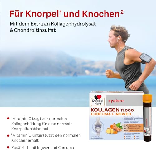 Doppelherz system KOLLAGEN 11.000 CURCUMA + INGWER – Vitamin C trägt zur normalen Kollagenbildung für eine normale Funktion von Knorpeln und Knochen bei – 2 x 30 Trinkfläschchen