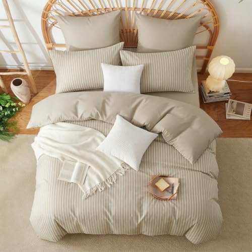 Image of Nayoroom Brown Striped Duvet Cover Queen Reversible Taupe Bedding Set