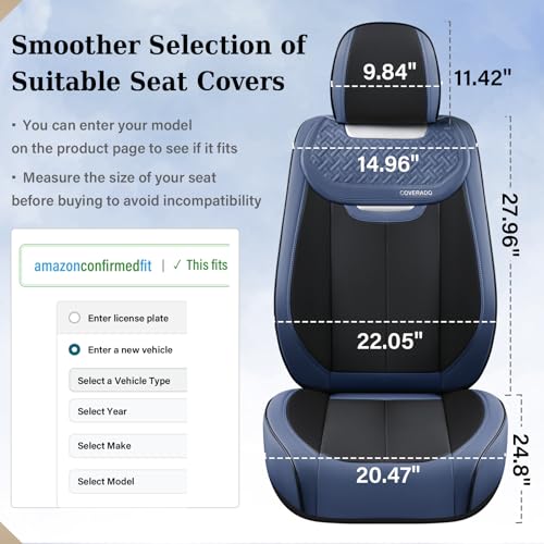 Image of Coverado Front and Back Seat Covers for Cars, Nappa Leather Car Seat Covers Full Set, Waterproof Carseat Protector Seat Cushion, Luxury Automotive Seat Covers Universal Fit for Most Cars(Blue&Black)