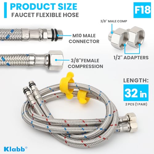 Image of Klabb 32-Inch Stainless Steel Braided Faucet Supply Line, 3 /8 inch Compression x M10 Faucet Connector, Includes 1 /2 inch FIP Adapters, SS304 Flexible Water Hose for Bathroom & Kitchen Sink Faucets