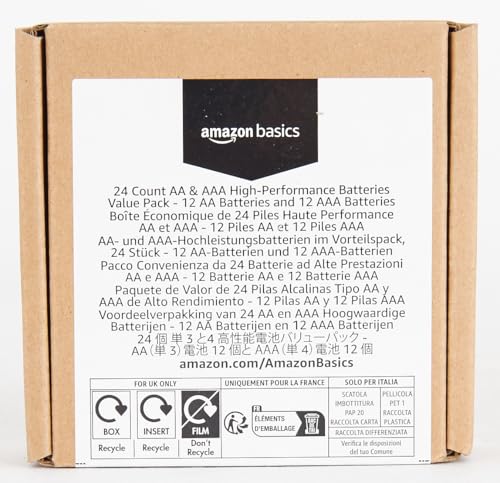 amazon basics 24 count aa amp aaa high-performance alkaline batteries value pack - 12 double aa batteries and 12 triple aaa batteries