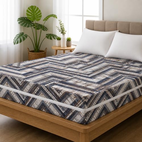 Image of Premium Cotton Printed Mattress Cover /Protector with Zipper Chain |Provides All Around Protection with 360 Encasing |Single Size Bed - 72x36+6 inches (6 x 3 Feet Mattress) - Blue Taupe