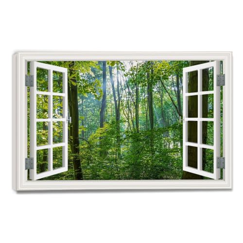 Tableau Toile Forêt Nature 80x120 Fenêtre Trompe-l'Œil Mur Sombre