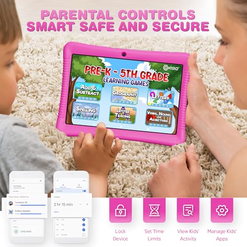 Image of Contixo K102 10 inch Kids Tablet Bundle - Wireless Kids Headphones, 32GB, Learning Educational Apps, Parental Controls, Dual Cameras, Shockproof Case with Kickstand & Stylus, Ages 3-7 - Pink