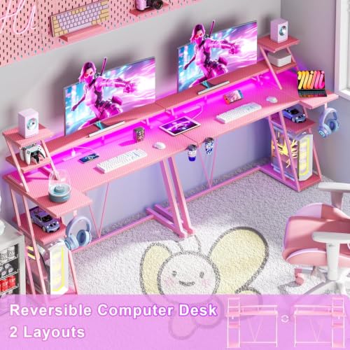 Image of Korfile 40 Inch Pink Gaming Desk with LED Lights & Power Outlet, Small Gaming Computer Desk with Storage Shelves, L Shaped Gamer Workstations with Monitor Stand for Bedroom
