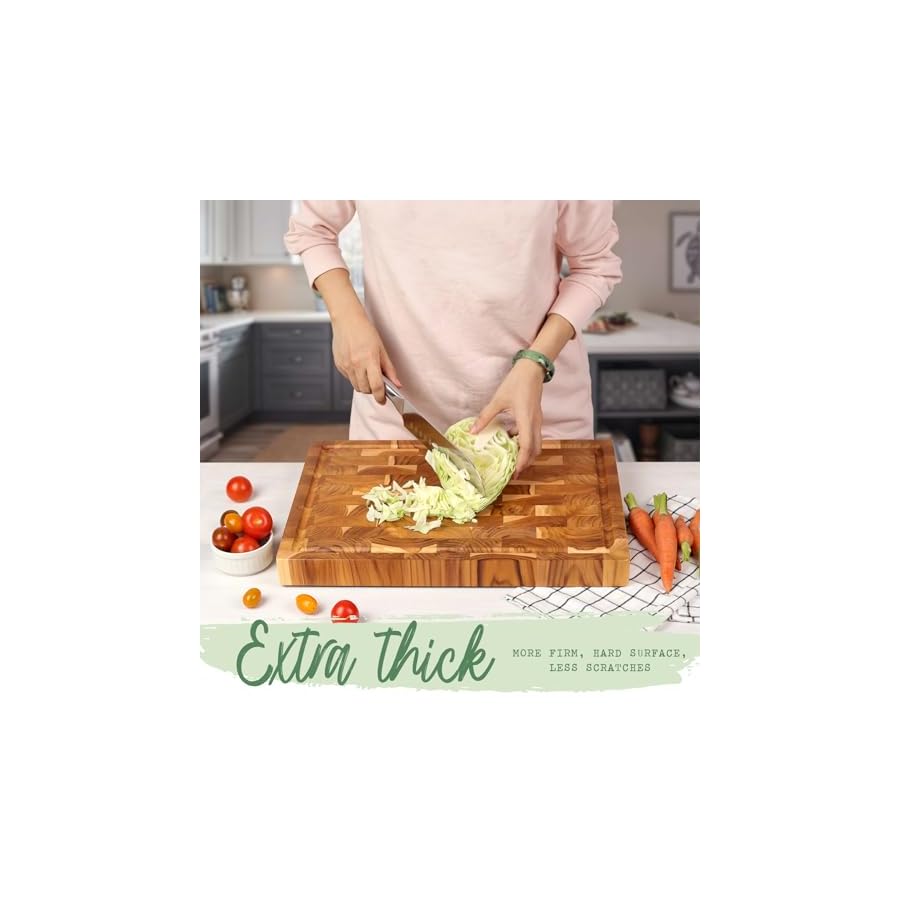 Teak Wooden Cutting Board (17x13x1.5in) End Grain Cutting Board, Butcher Block, Chopping Board - Reversible Multipurpose For Kitchen with Juice Groove & Inner Handles with Gift Box Included