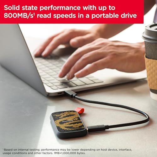 Image of SANDISK 1TB Portable SSD, Dragon Edition - Up to 800MB /s, USB-C, USB 3.2 Gen 2, Updated Firmware - External Solid State Drive - ‎SDSSDE30-1T00-GD25