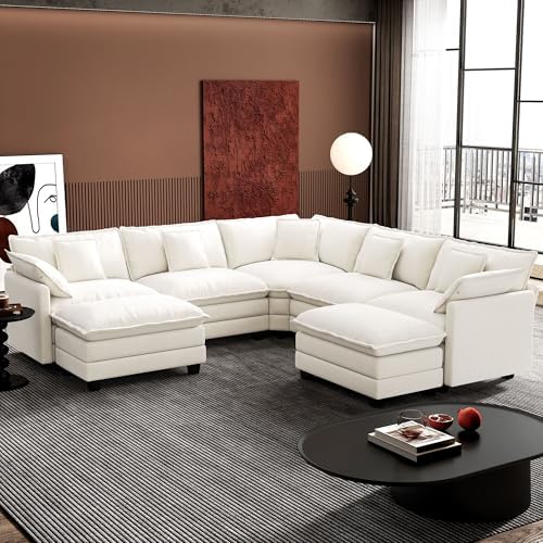 Ihanherry 114" V-Shaped Modern Sofa Modular Sectional Cloud Couch with 2 Ottoman, 7-Seat Chenille Deep Seat Sofa with Corner Section for Living Room, Bedroom and Apartment, Beige