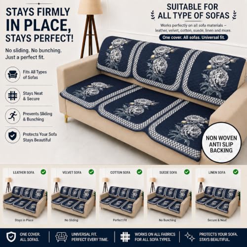 Image of Homerz 'Brooklyn Series' Premium Sofa Cover | Quilted Floral Design | Non-Slip Washable Sofa Protector | Soft Anti Slip Fabric (Ny Grey, 7 (3+2+2) Seater, Seat Cover with Backrest)