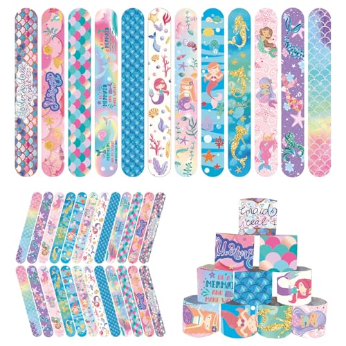 Mienocol 24 pulseiras de sereia para crianças, lindas pulseiras de festa de sereia, pulseiras de banda de pressão para suprimentos de festa de sereia, presentes de aniversário, prêmios de sala de aula