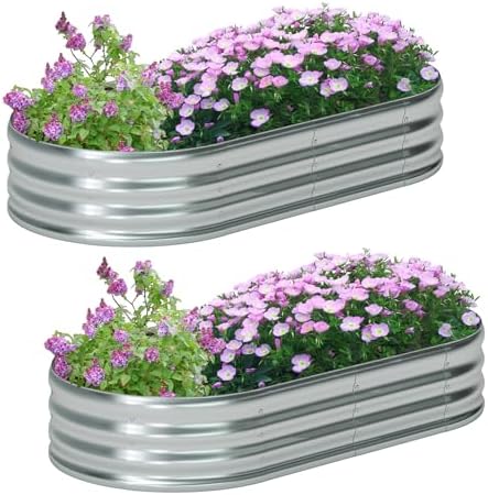 zizin 2 Pack Galvanized Raised Garden Bed Metal Oval Raised Garden Beds Outdoor Planter Box for Vegetables (6x3x1FT, Silver)