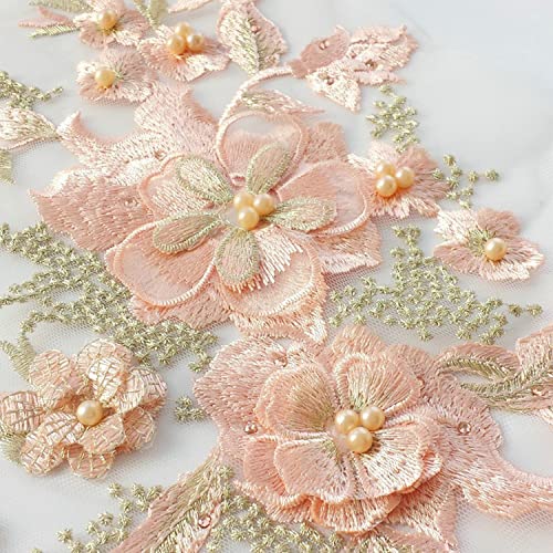 3D Flowers Beaded Lace Fabrics Applique Pearl Embroidery Sewing On Patches For Diy Wedding Evening Dress Clothing Patches Scrapbooking Decor (Blood Tooth Color) #TOP2