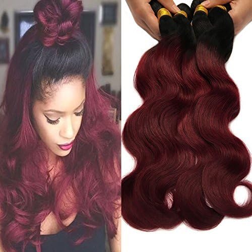Peruvian Body Wave Hair Bundles - Two Tone Ombre Burgundy Body Wave Hair Bundles 10A Peruvian Virgin Hair Body Wave Human Hair Extension Weaves 1B/99J Black+Burgundy 100g/pcs (10" 10" 12" 12")