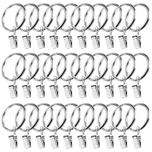 30PCS Curtain Rod Ring Clips, Rings With Clips, Rustproof Metal Drapery with Hook, for and Rods, 32mm Sliding Eyelet Curtain (Silver)