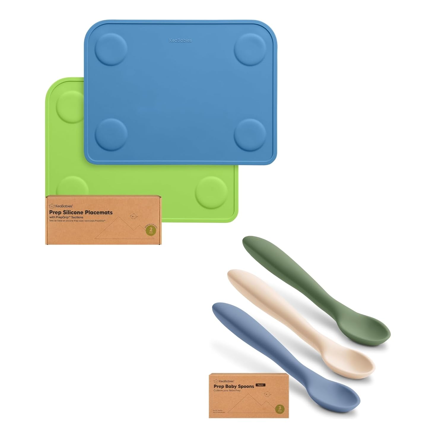 Keababies 2-Pack Silicone Placemats for Toddlers and 3-Pack Silicone Baby Spoons - Non Slip Placemat for Kids, Easy-to-Clean Baby Mat - Toddler First Food Training Spoon, Self Feeding 6-12 Months