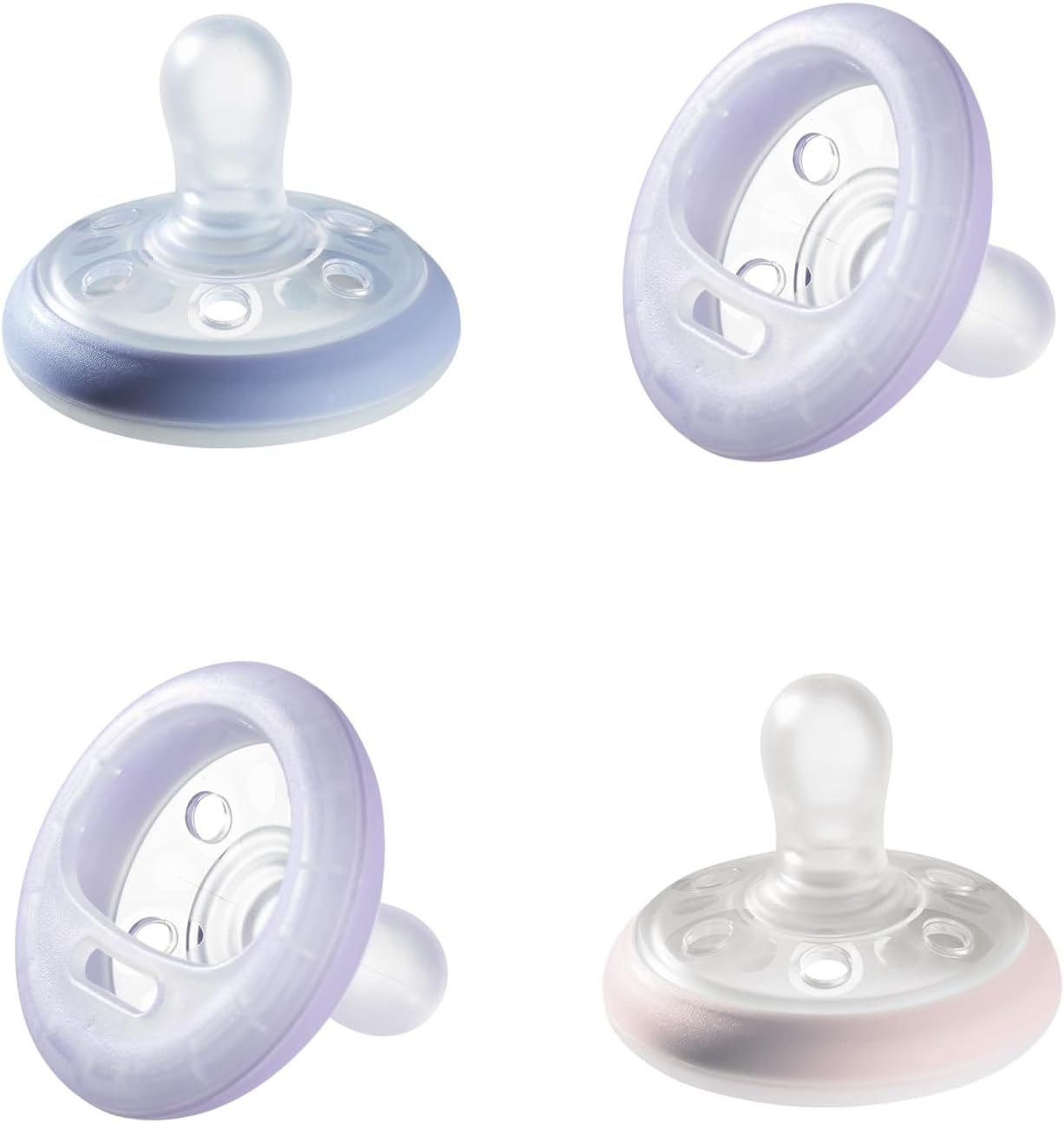 Tommee Tippee Breast-Like Night Pacifier, 6-18 Months, Breast-Like Baglet, BPA-Free Binkies, Glow in The Dark Technology, Purple/Pink, Pack of 4