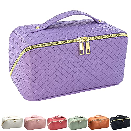 Slifoue Large Capacity Travel Cosmetic Bag,Makeup Bag,Waterproof Portable Pu Leather Makeup Organizer Bag With Dividers And Handle (Checkered/Purple) #TOP5