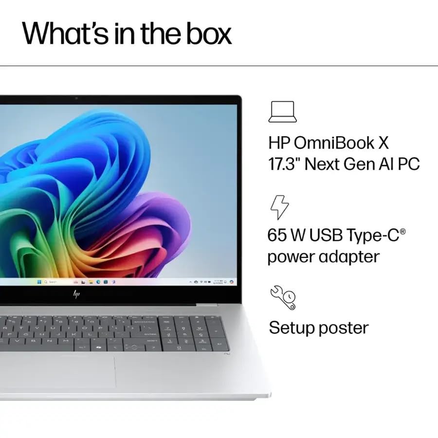 Image of HP OmniBook X Laptop, 17.3 inch FHD IPS Touchscreen, Intel Ultra 7 258V 8-Core, Intel Arc Graphics 140V, 32GB LPDDR5 2TB SSD, Backlit Keyboard, Thunderbolt 4, Wi-Fi 6E, 5MP + IR Camera, Win11 Home