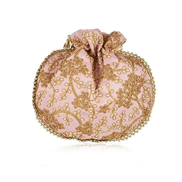 STLYZ Traditional Embroidered Potli Bag For Women, Handmade Pure Silk Potli Handbag Wristlets Ethnic Bridal Potli Batwa Bag For Ladies For Wedding, Return Gifts (Baby Pink) - Image 8