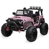 Kidzone Kids 12V9AH Battery Powered Extra Wide Seat Ride On Truck with DIY License Plate, Off Road Big Wheels, Front Bumper, LED Light, Remote Control, Bluetooth Music, 2 Speeds - Camo Pink
