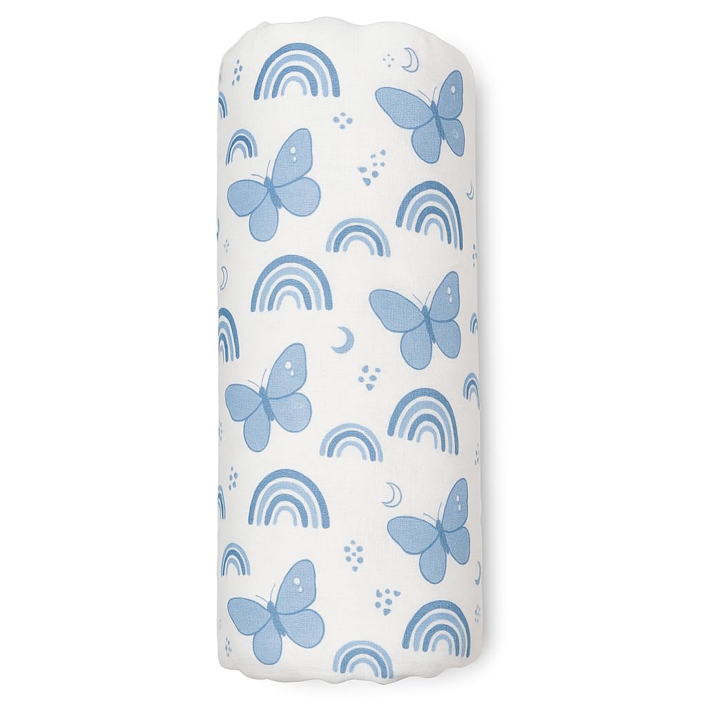 KISEKI Soft 100% Cotton Muslin Swaddle Blanket – 120 × 120 cm – Lightweight & Breathable Baby Wrap (Blue Butterfly)