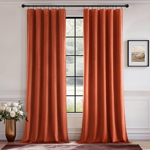 MIULEE Fall Burnt Orange Velvet Curtains 84 Inch Long 2 Panels - Soft Thermal Insulated Blackout Curtains Room Darkening Rod Pocket Drapes for Bedroom Living Room Terracotta Rust Decor, W40 x L84 Inch