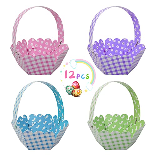Dekewe Paniers Cadeaux de Pâques, 12 Pièces Kits de Paniers de Pâques, Panier de Pâques en Papier avec Poignées et Motif de Lapins, Paniers de Pâques à Assembler, Cadeaux de Pâques pour les enfants Cover