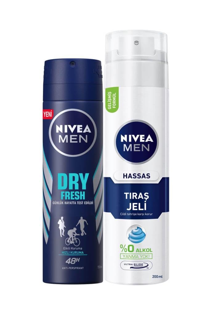 NIVEA Men Erkek Sprey Deodorant Dry Fresh 72 Saat Anti-perspirant Koruma 150ml ve NIVEA Men Hassas Tıraş Jeli 200ml, Hassas Ciltlere Özel Hızlı Koruma, Yanma Karşıtı, Alkolsüz Formül