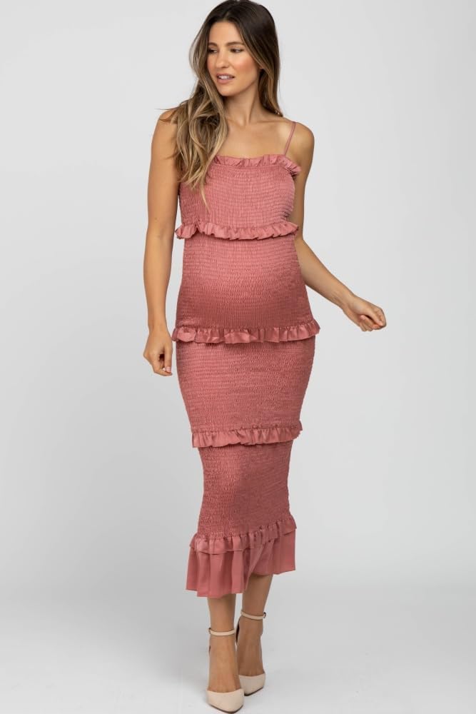 PinkBlush Satin Smocked Fitted Maternity Maxi Dress