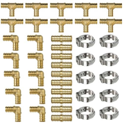 Cyleodo - 40Pcs PEX Fittings 3/4 Inch, 90 Degree Elbow TEE Straight Couplings 3/4" Pex Fittings, Crimp Rings, Pex Crimp Fitting Combo for PEX Pipe Tubing Connection, No Lead Brass, NSF Certified