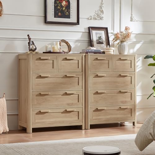 Image of Joaxswe Farmhouse 5 Drawer Dressers for Bedroom, Natural | Vertical Dressers Chest of Drawers with 5 Drawers & 4 Noise-Reducing Feet & Rounded Corners