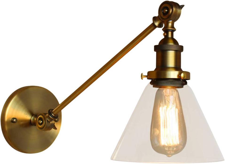 NIUYAO Vintage Industrial 1-Light Wall Lighting with Cone Clear Glass Shade Adjustable Swing Arm Antique Bedside Wall Lamp Decor Lighting Fixture Wall Sconces,Gold Finish 422676