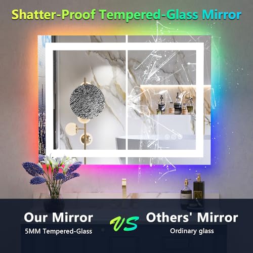 Image of 24x36 Inch RGB LED Bathroom Mirror Front Light and RGB Backlit Lighted Vanity Mirror for Bathroom Wall Mounted Dimmable Anti Fog Memory Shatter-Proof IP54 Waterproof Horizontal /Vertical