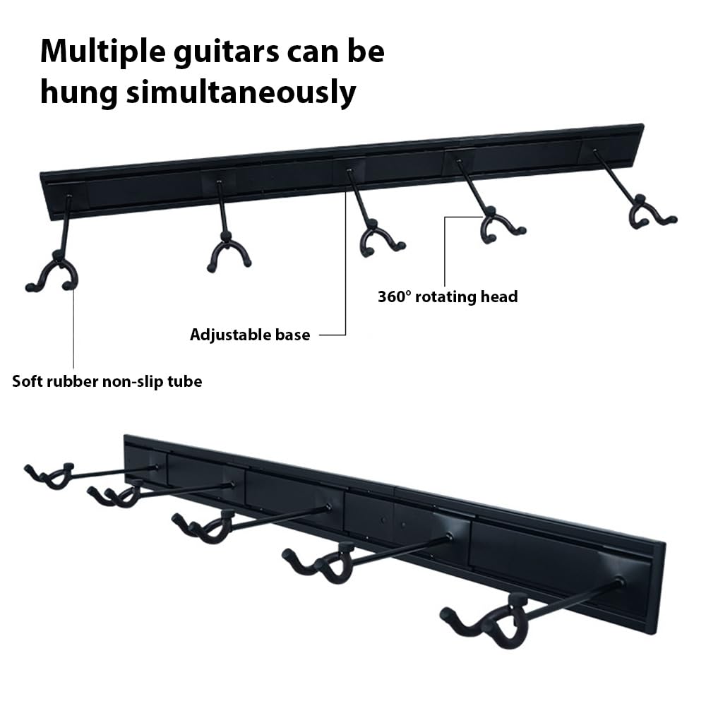 Soporte de pared para guitarra, soporte de pared para guitarras múltiples, soporte de pared para 5 guitarras, aleación de aluminio, posición de gancho ajustable, soporte de riel de pared de