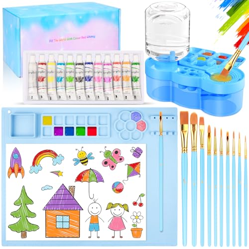 Art Painting Kits Paint Station Including Upgraded Paint Brush Cleaner 20X16 Silicone Painting Mat 12 Colors Acrylic Paint Set and 10 Paint Brushes Painting Supplies Kits(Blue)
