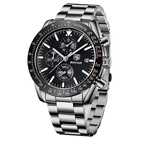 BENYAR Men's Chronograph Watches, Stainless Steel Bracelet, Waterproof and Scratch Resistant, Business Quartz Watch(Steel-Black)