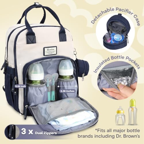 Image of RUVALINO Diaper Bag Backpack-Multifunction Baby Travel Bag with Changing pad, Insulated Bottle Holders & Pacifier Case, Large Capacity, Waterproof, Cream & Blue