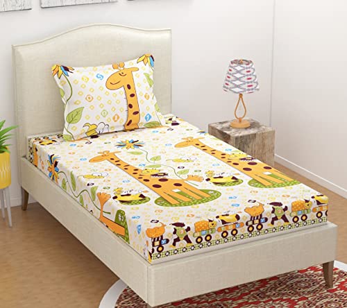 Image of Precsie Fabrics Elastic Fitted Glace Cotton Single Bed (72x48x Upto 6 Inches) Bedsheet for Kids with 1 Pillow Covers-180TC (Yellow)