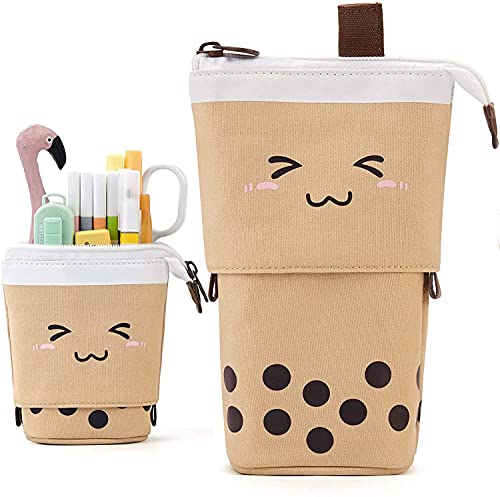 Image of FINEMOE Polyester Standing Pencil Case Cute Pencil Pouch For Girls & Boys - Korean Boba Pop Up Stationery Makeup Cosmetic Organizer Box, Pen Pencil Pouches (Brown)