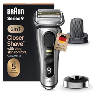 Braun Series 9 Pro+ Rasierer Herren Elektrisch, Elektrorasierer mit 5 Pro Rasierelementen, ProComfort Aufsatz, 2-in-1-System, Ladestation, 60 Min Laufzeit, Made in Germany, 9557s, Silber
