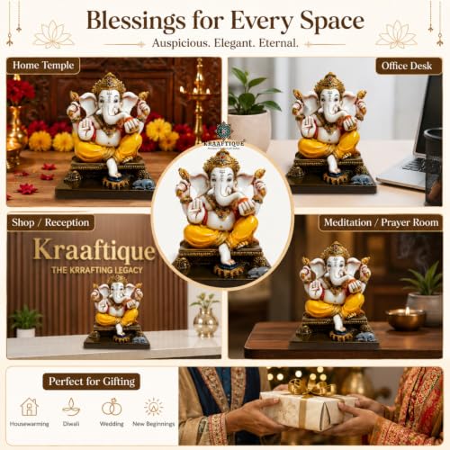 Image of Handcrafted Lord Ganesh Idol | Ganesha Statue for Home Temple, Pooja Room, Office Decor | Gold Painted Hindu God Figurine | Diwali, Housewarming & Wedding Gift (8 Inch, Marble Dust)