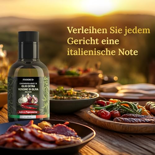 Foodico Knoblauch Chili Olivenöl | Italienisches Olivenöl Extra Vergine | pikant, kaltgepresst | 250 ml