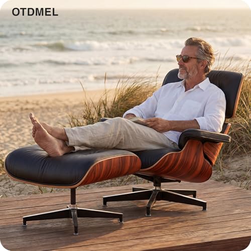 Image of Mid Century Modern Top Grain Leather Chaise Lounge Chair & Ottoman