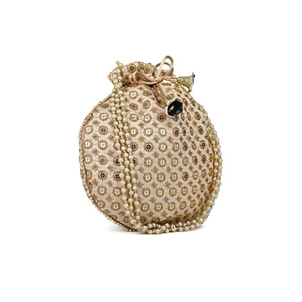 Parth (Golden) Premium Designered Silk Embroidered Bridal Potli bags,potli purse for ladies,ethnic potli pouches for return gift traditional potli bags - Image 4