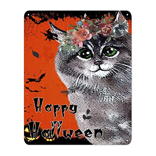 Panneau en étain Halloween Witch Cat rustique en métal durable