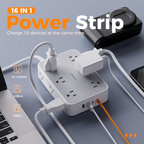 Image of TESSAN Surge Protector Power Strip, 15FT Flat Extension Cord